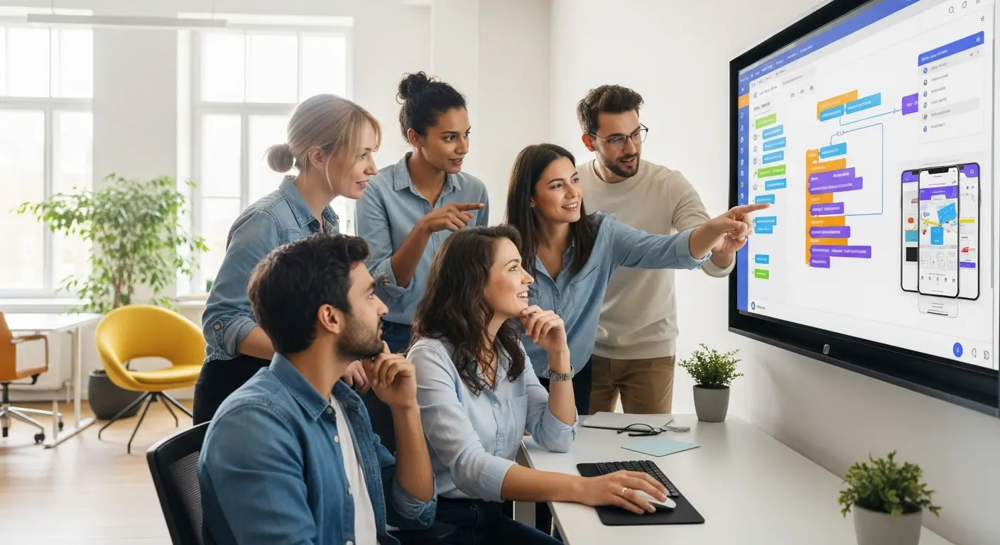 Équipe collaborative travaillant sur une plateforme no-code