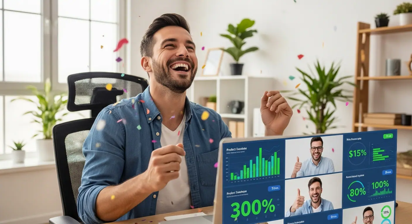 Entrepreneur fêtant le lancement réussi de son application avec l'équipe NoCode Builder