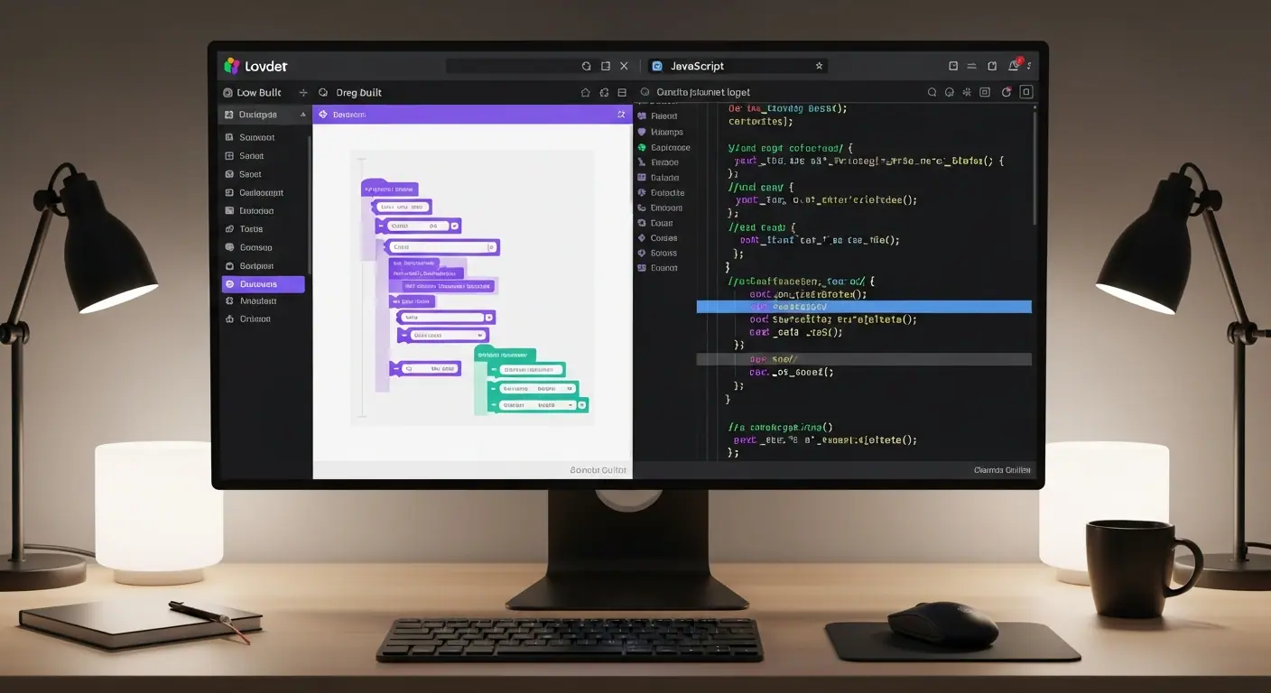 Interface low-code avec éditeur visuel et éditeur de code côte à côte