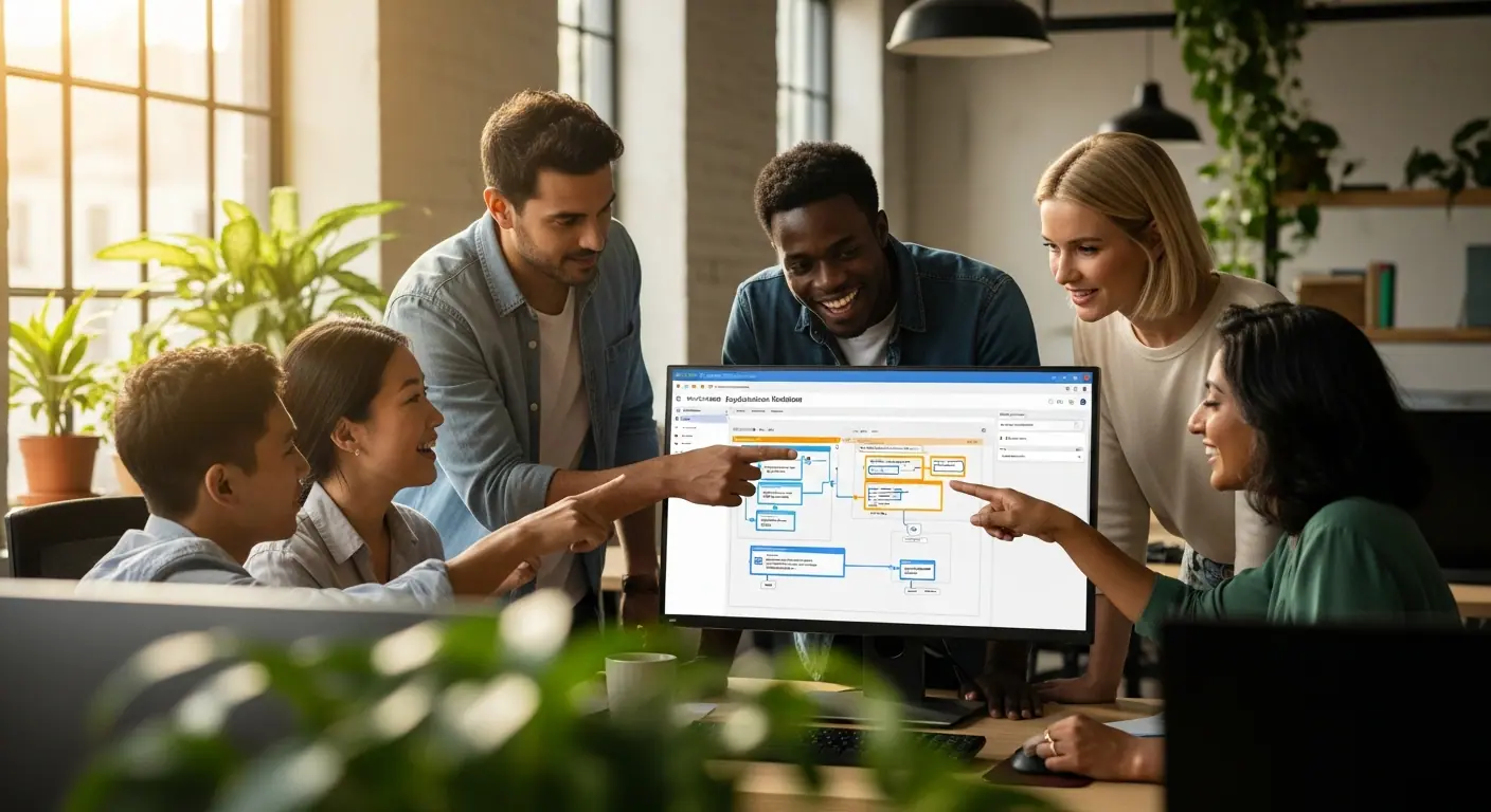 Équipe collaborative travaillant ensemble sur NoCode Builder System