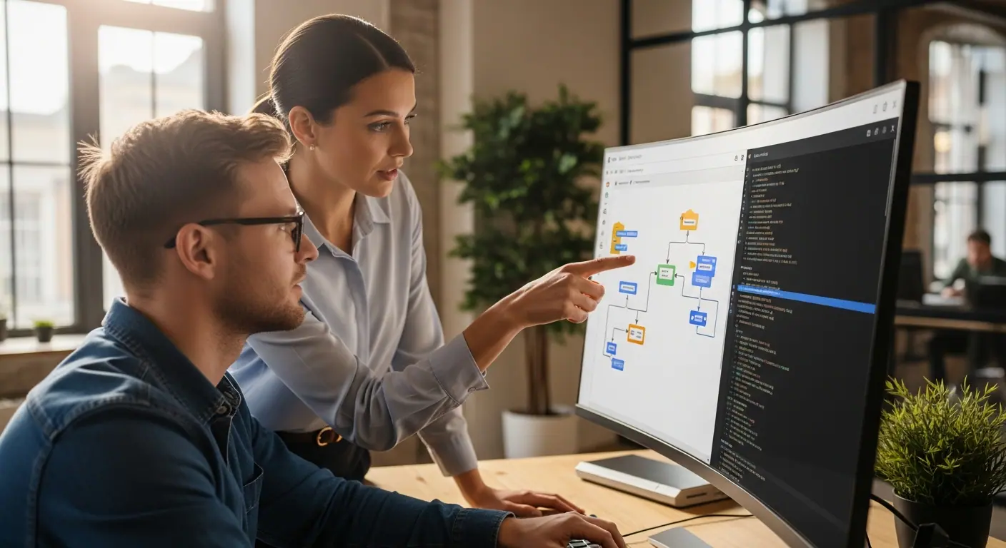 Équipe collaborative travaillant sur une interface low-code